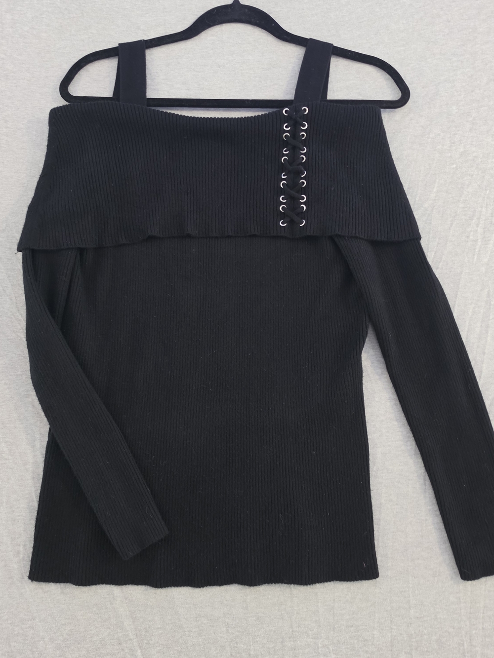 Black Off-Shoulder Lace-Up Ribbed Women's Sweater - Picture 5 of 7